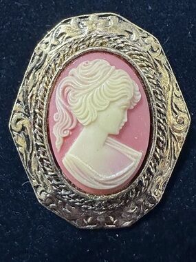 449- PERI Style Vintage Pink Cameo Gold-Tone beautiful frame Brooch Pendant